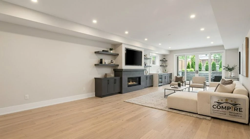 Completed basement renovation featuring a fireplace lounge area