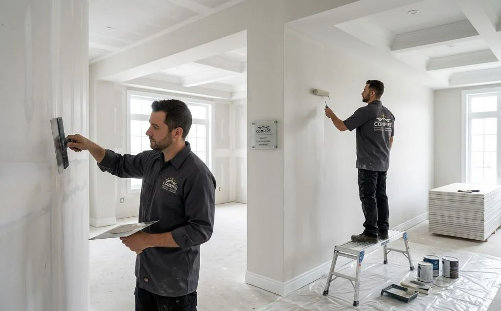 Drywall finishing stage of a residential renovation
